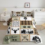 Camper Adventure Kids Comforter Set Twin Size,Deer Antlers Bear Paws Farmhouse Bedding Set for Boys Girls Adults Room Decor,Arrows Plaids Patchwork Down Comforter,Rustic Duvet Insert,1 Pillowcase