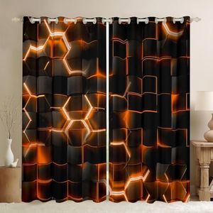 Feelyou Orange and Black Darkening Drapes (2 Panels, 52 x 96 Inch) Honeycomb Curtains Living Room Hexagon Theme 30%-50% Blackout Curtains Geometrical Beehive Window Treatments