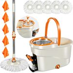 Almcmy Spin Mop and Bucket Set, Mop Bucket Floor Cleaning System with 5 Reusable Mop Refills & 5 Cleaning Rags, Self Cleaning Mop Bucket with Foot Pedal, 57" Extended Handle