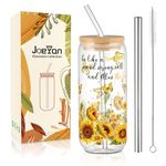 Joeyan Glass Drinking Cup Lids and Straws, Iced Coffee Glass Bubble Tea Cup with Sunflower Butterflies Pattern, Cute Floral Glass Tumbler Smoothie Cup Mason Jar for Women Girls Daughter Friend