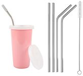 PARABRAHMA Stainless Steel Sipper/Sippy Cup with Straw Glass with Gum Protection for Kids 4 Straw and 1 Cleaning Brush (370 ml, 1-4 Years) (Pink)