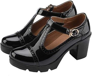 DADAWEN Women's Classic T-Strap Platform Mid-Heel Square Toe Oxfords Dress Shoes Black US Size 10