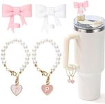 LUHOHI Pink Bow Stanley Straw Topper, 2pcs Pearl Chain for Stanley Cup Accessories Initial Letter Charms Handle with 2pcs Straw covers for Water Bottle Jewelry Tumbler Personalized Decorations Tag P