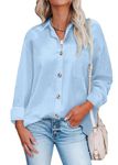 HOTOUCH Women Casual Solid Color V Neck Blouse Womens Button Down Shirt Long Sleeve Tops Tunics Sky Blue L