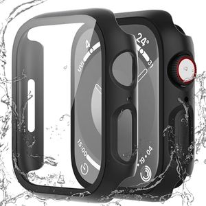 QCKANLJ 2 Pack Waterproof Case Compatible with Apple Watch 40mm SE (2nd Gen) Series 6 5 4 with Tempered Glass Screen Protector, Full Protective Hard PC Bumper Case Face Cover for iWatch 40 mm Black