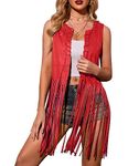 Hotouch Womens Faux Suede Jacket Fringe Vest Cowgirl Western Tops Long Sleeveless Hippie Disco Costume 70s Concert Outfits Halloween Costumes Red S