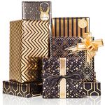 Larcenciel Wrapping Paper, Black and Gold Birthday Wrapping Paper w/Bow & Sticker, 6 Foil Design Gift Wrap Set, Luxury Gift Wrapping Paper Sheet for Birthday, Christmas, Anniversary, New Year, 70x50cm