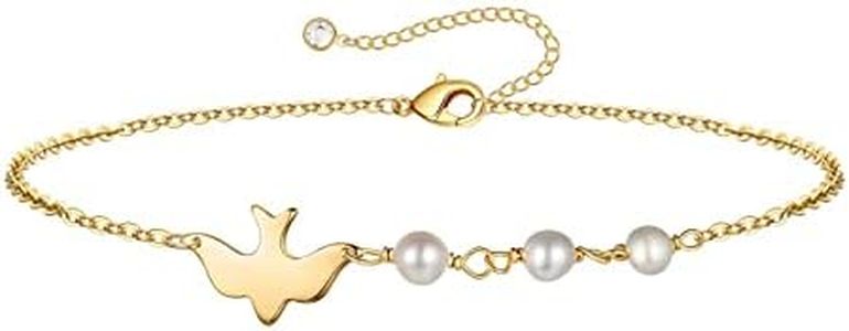 TINGN Pulsera de Paloma Delicada para Mujer, Pulsera de Paloma Hecha a Mano con Relleno de Oro de 14 Quilates Pulseras de Cuentas de Oro Ajustables para Niñas Mujeres Regalos Joyería (Perla y Paloma)