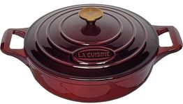 La Cuisine 3110GK Enameled Cast Iron Braiser, Saute Pan Casserole Pan with lid, 3.7 QT Matte Black Enamel Coating Interior, Cranberry Porcelain Enamel Exterior, Golden-Plated SS Lid Handle, Oven Safe