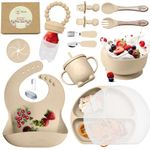 o'doe 17-Piece BPA-Free Silicone Baby Feeding Set | Thick & Soft Suction Plates, Baby Food Bowl, Wooden Fork & Spoon, and More | Make Mealtime Fun and Easy for Your Little One | Beige V2