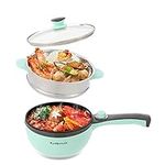 Audecook Electric Frying Pan with Steamer, 1.5L Electric Hot Pot Multifunction, Non-Stick Electric Skillet 20cm, Mini Travel Cooker for Pasta, Ramen Noodles, Vegetables, Meat, Eggs - Green