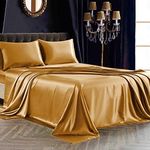 SiinvdaBZX 3Pcs Twin XL Sheets Set, Gold Silky Satin Sheets Twin XL Bedding Set Ultra-Soft Extra Long Bed Sheets for College Dorm