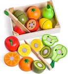 Wooden Cutting Play Food Toys - 11 PCS Wood Pretend Cutting Play Food Educational Set for Toddlers 1-3, Veggie Slicers Playset, Toys Food and Fruits with Storage Case for Christmas Birthday Gifts