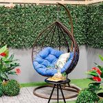 OMCCO Outdoor Patio Hammock Swing & Table, Rattan Hanging Chair Egg Shape Chair with MS Iron Stand Base and Thicken Cushion for Balcony, Poolside, Backyard(Blue)