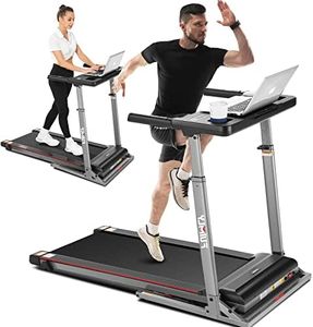Folding Treadmill with Desk & Adjustable Height, 300 LBS Weight Capacity, Heavy-Duty Treadmill with Incline, Bluetooth Speaker & App Control, Electric Walking Machine Running Treadmill for Home