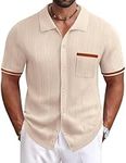COOFANDY Men's Short Sleeve Knit Shirts Vintage Button Down Polo Shirt Casual Beach Tops Light Brown