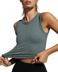 LASLULU Womens Sports Bra Crop Tops Sleeveless Yoga Tops Seamless Workout Gym Pullover Running Muscle Shirts with Molded Cups(Grey Green,Medium)