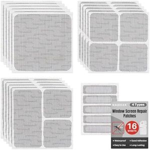 16Sheets Window Screen Repair Kit - Black Self-Adhesive Screen Patch Repair Kit, 4 Sizes Patches Mesh Tape for Mesh Screens Door, Window Drain Holes, Strong Adhesion Easy to Use