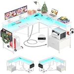 Hyomdeck L Shaped Desk, Reversible L Shaped Computer Desk with File Drawer, Corner Desk for Gaming Writing, Home Office Desk with Monitor Shelf, White