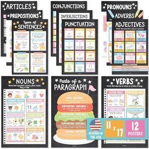Parts of Speech Posters for Classroom Must Haves - 12 English Grammar Posters for Classroom, Writing Process Language Arts Elementary & Middle School, ELA 3rd 4th 5th Grade Chalkboard Classroom Decor
