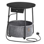 VASAGLE Side Table with Charging Station, Round End Table with Power Outlets, USB Ports, Fabric Basket, Living Room, Bedroom, Bedside Table, Modern, Ebony Black and Slate Grey LET228B03