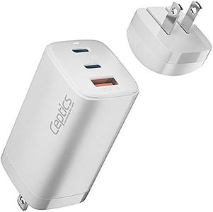 65W USB-C Charger Ultra Compact by Ceptics with Quick Charge 3.0 PD Power Delivery - GAN TECH - Small USB + Dual USB-C - 3 Ports Total - Powerful - Fast QC & PD (NAN-65B)