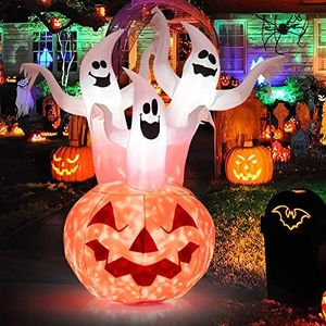 Costway 182CM Halloween Inflatables Yard Decoration w/Built-in LED & Blower, Pumpkin and Ghost Combo, Blow Up Yard Decoration, Indoor Outdoor Inflates Holiday Decor with Ropes, Stakes for Garden Lawn