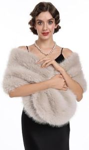 SAFERIN Women Luxurious Large Winter Faux Fur Scarf Wrap Collar Shrug for Lady Poncho Wedding Dinner Party (Shawl-Soild Beige)