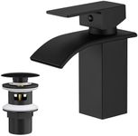 BESy Waterfall Spout Bathroom Sink Mixer Taps,Single Handle Basin Mixer Tap, Lavatory Vessel Faucet,Stainless Steel,Matte Black Vanity Tap