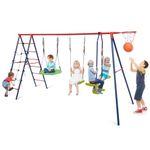 COSTWAY 6 in 1 Kids Swing Set, Heavy Duty Metal Swing Frame with 2 Swings, Glider, Basketball Hoop, Climbing Ladder and Net, Children Playground Playset for Backyard Garden (Red)