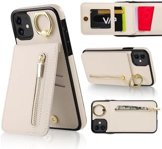 VENINGO iPhone 12/12 Pro Case with Card Holder,Multifunctional Protective Leather PU Case with 360° Ring Holder Kickstand, Large Capacity Card Package Wallet Case for iPhone 12/12 Pro,White