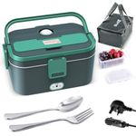 Budth 80W 1.8L Electric Lunch Box, Portable Food Warmer for Car Truck Office, 12V 24V 220V Adapter, Leak Proof, 304 Stainless Steel Container, SS Fork & Spoon and Carry Bag (Green Large)