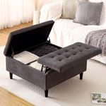 33" Large Square Ottoman with Storage, Lift Top Coffee Table Upholstered Tufted Velvet Oversized Storage Footrest Ottomans Toy Box for Living Room, Beige (Dark Grey)