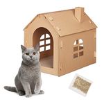 Relaxdays Cardboard Cat House with Scratching Board for Assembly, Includes Catnip, 46 x 36.5 x 42.5 cm, Brown