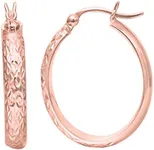 14K Rose Gold Hammered Polished Oval Hoop Earrings