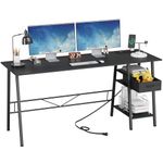 YAOHUOO 55 Inch Computer Desk with Wooden Drawer/Power Outlet/USB Ports, Home Office Desk with Storage Shelves for Bedroom,Modern Writing Desk,Work Desk,Study Table(Black)