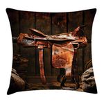 Ambesonne Western Throw Pillow Cushion Cover, American West Traditional Style Rodeo Cowboy Saddle Wood Ranch Barn Image, Decorative Square Accent Pillow Case, 18" X 18", Brown Orange