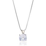 Amazon Collection 925 Sterling Silver 8mm Cushion Cut April Birthstone Created White Sapphire Solitaire Pendant Necklace for Women with 18 inch Box Chain