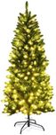 COSTWAY 4.5FT/5FT/6FT/6.5FT/7.5FT Pre-lit Slim Christmas Tree, Hinged Pencil Xmas Tree with Warm LED Lights, Foldable Metal Stand & Superior PVC Leaves, Holiday Decoration for Home and Shops(6FT)