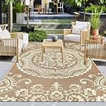 Capslpad Boho Floral Outdoor Rug 5x8 Reversible Mat Waterproof Plastic Straw Rug Lightweight Indoor Outside Carpet for Patio Camping Rv Picnic Backyard Deck Balcony Porch Beach,Light Brown & Beige