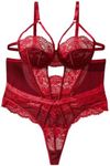 OYOANGLE Women's Plus Size Contrast Lace Cut Out Teddy Bodysuits V Neck Backless Babaydoll Lingerie Burgundy 3XL