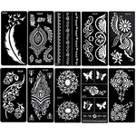 10Sheets Large Temporary Tattoo Stencils, Reusable Henna Tattoo Sticker Template Feather Butterfly Mandala Flower Jewelry Face Body Art Glitter Tattoo Stencil Kit for Adults Women Girls