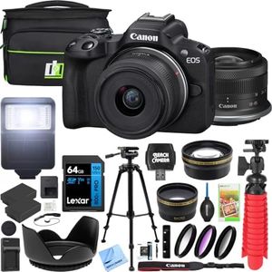 Canon EOS R50 Mirrorless Camera (Black) with RF-S 18-45mm F4.5-6.3 is STM Lens 5811C012 Bundle with Deco Gear Photography Bag + 2 Battery +Tripod + Filters + Wide Angle & Telephoto Lenses & More