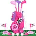 Liberry Toddler Golf Set with Putting Mat for 2 3 4 5 Years Old Boys Girls, Upgraded Kids Golf Cart with Unique Shoulder Strap Design, Indoor and Outdoor Golf Toys Gifts (Pink)