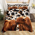 feelingyou Highland Cow Duvet Cover Set Single Size, Ink Milk Skin Fur Print Tribal Tie Dye Comforter with 1 Pillow Sham, Rustic Vintage Western Wild Animal Bedding Sets, Brown, (53''x79'')