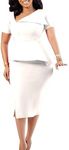 Cololura Women Womens Crew Neck Peplum Work Business Bodycon Pencil Dress, White, Large