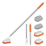 JEHONN 4-in-1 Tile Tub Scrubber with Long Handle, Upgraded Shower Cleaning Brush, 4 Different Function Scrub Brush Attachments Head for Bathroom, Bathtub, Floor, Wall, Baseboard