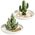 SINGOMON 2PCS Cactus Ring Holder Ceramic Jewelry Trays Aloe Jewelry Holders Featuring Green Cactus or Aloe on White Ring Dish Jewelry Organizer Necessary for Earring Bracelet Keys Necklace Rings