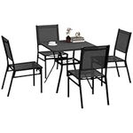 Outsunny 5 Pieces Patio Dining Set for 4, Outdoor Table and Chairs with Umbrella Hole, Faux-Wood Steel Top, Aluminum Frame, Mesh Seat and Back for Garden, Patio, Backyard, Grey