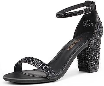 DREAM PAIRS Women's Chunk Low Heel Pump Sandals,Size 11,Black/Rhinestone,Chunk